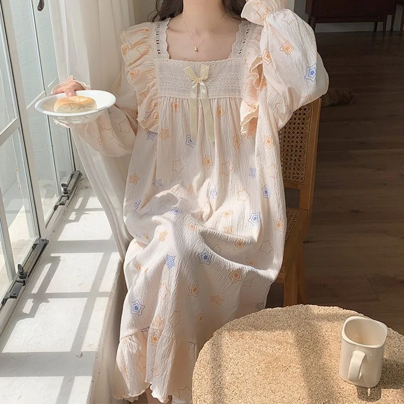 2024 New Pajamas Long-Sleeved Nightdress Spring Autumn Women Sweet Cute Loose Homewear Suit Female Casual Thin Nightclothes