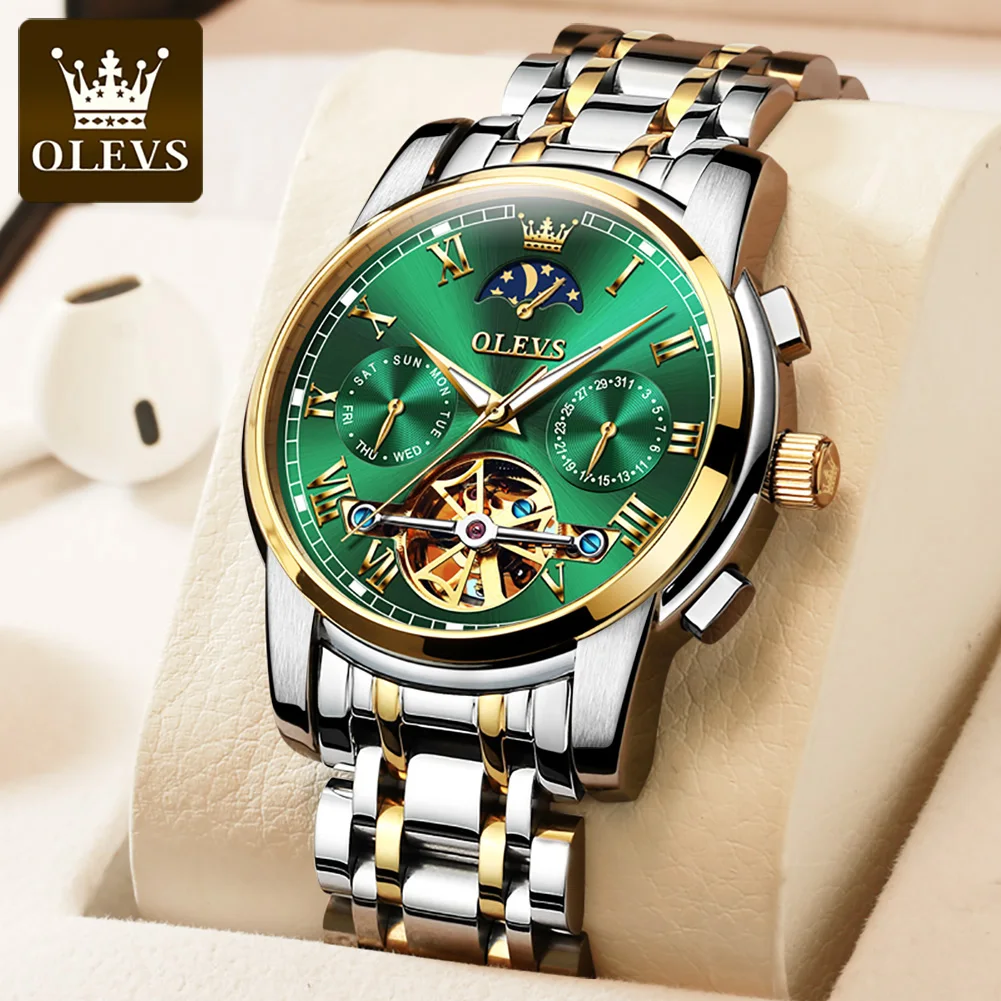 OLEVS Original Automatic Mechanical Watch for Men Brand Luxury Moon Phase Tourbillon Wristwatch Waterproof Luminous Moonswatch