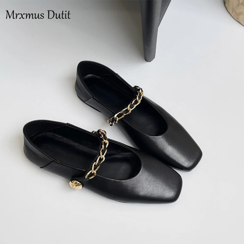 Mrxmus Dutit 2024 Autumn New Genuine Leather Flats Women Square Head Shallow Mary Jane Shoes Elegant Simple Versatile Female