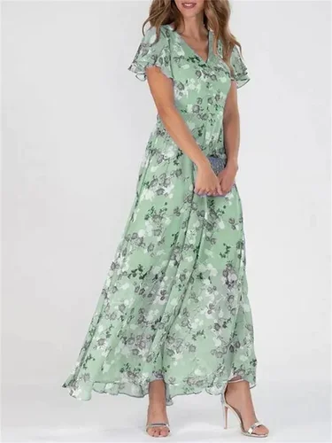 Imagen 2 del producto Vestido elegante de manga corta con volantes para mujer, jersey con cuello en V, estilo dulce, estampado de flores pequeñas, cintura alta, informal, nuevo