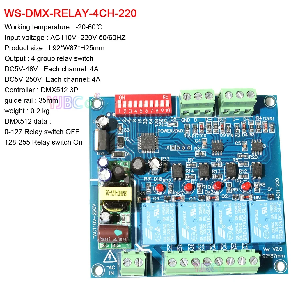 Decoder DMX512 4CH Interruttore relè a 4 canali 110 V-220 V AC Controller dimmer DMX WS-DMX-RELAY-4CH-220 per nastro striscia led RGBW