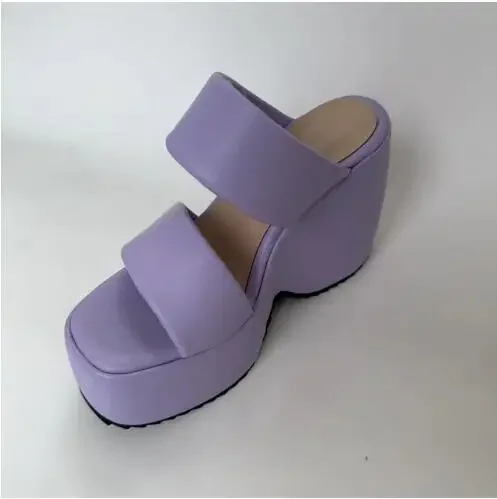 Lavender Hot Pink Soft Leather Thick Sole Platform Wedges Slip On Slippers Women Fashion Super High Heel Summer Sandals Shoes