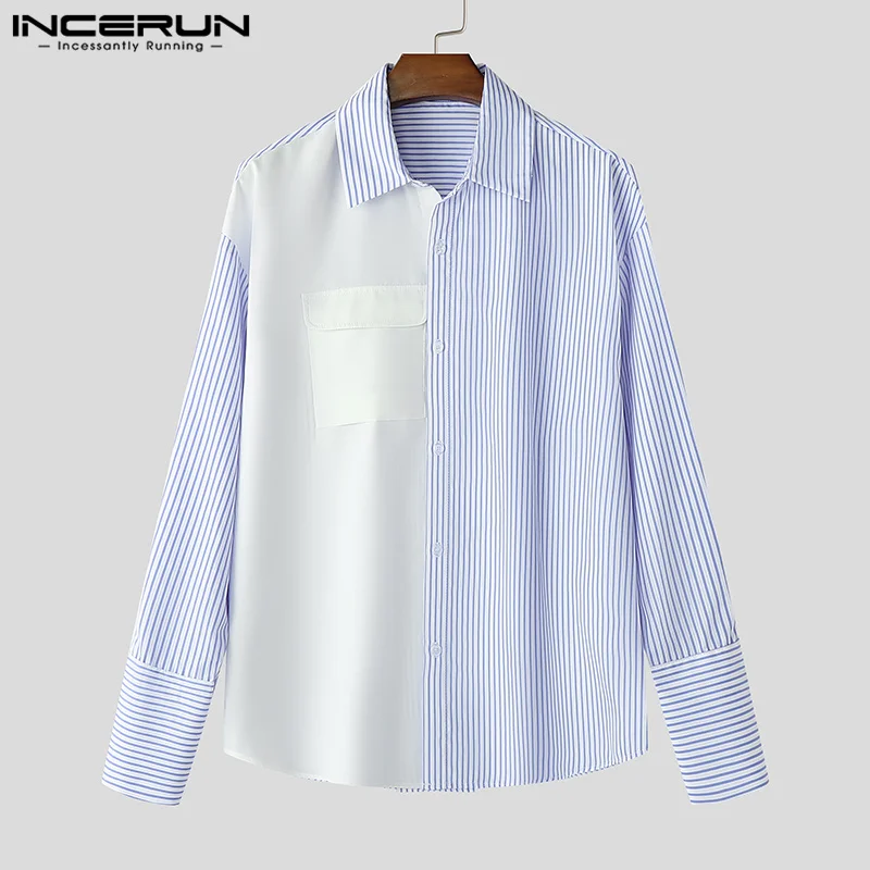 INCERUN 2024 Casual Men Long Sleeve Tops American Style Fashion Contrasting Stripes Shirts Lapel Button Elegant Autumn Tops