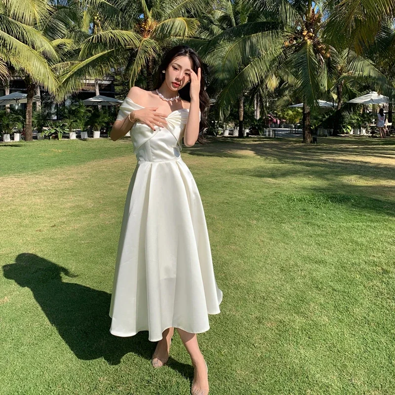 Women White Fairy Elegant A-Line Midi Dresses Female Party Prom Clothes Vestdios Bow Slash Neck Sexy Dress Summer