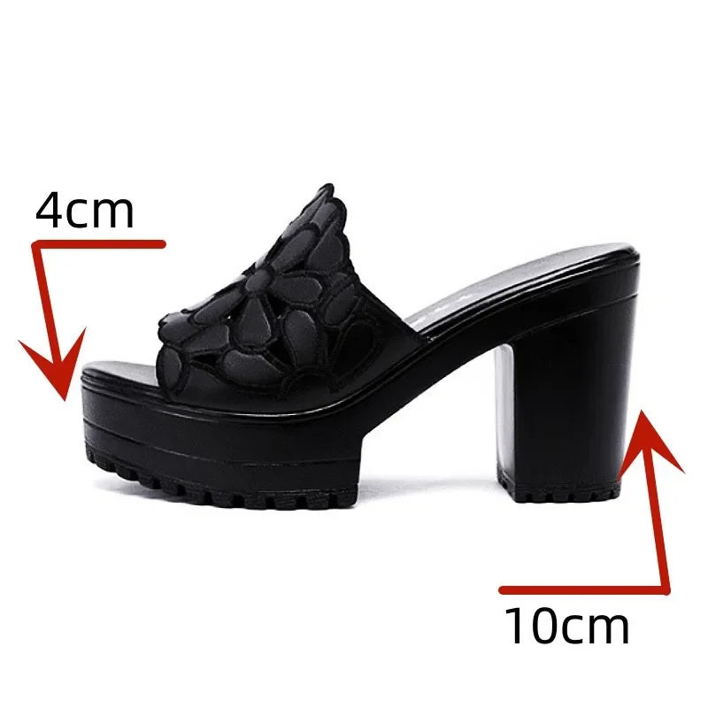 Plus Size 32-43 Elegant Black Floral Cutout Block High Heels Slides Platform Shoes 2024 Womens Summer Thick Sole Slippers