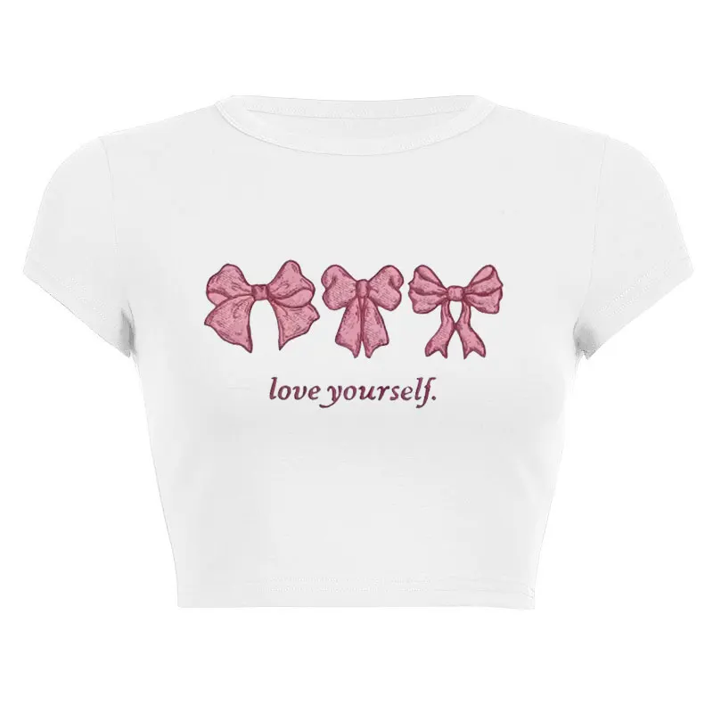 Summer Outfit Bow Graphic Print Pattern Short Sleeve O Neck Sexy Cropped Navel Women Crop Tops Fashion T-Shirt