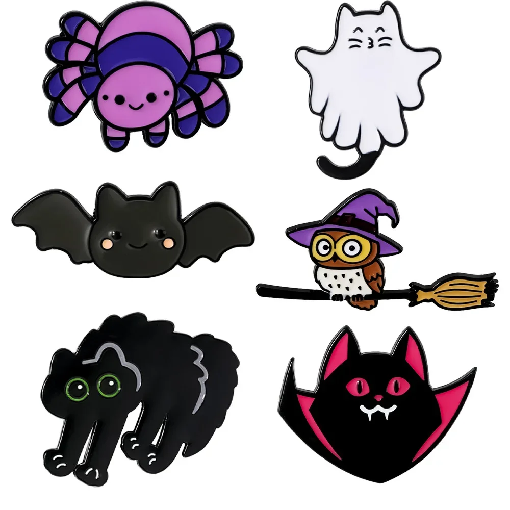 Cute Halloween Enamel Pins Spider Ghost Bat Owl Black Cat Metal Brooch Lapel Badge for Backpack Clothes Party Decoration Gift