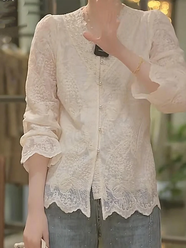 

Spring Summer New Style Women's Lace Blouse Inner Wear Knitted Hollow out Bell Sleeve V Neck Base Shirt Layering Top