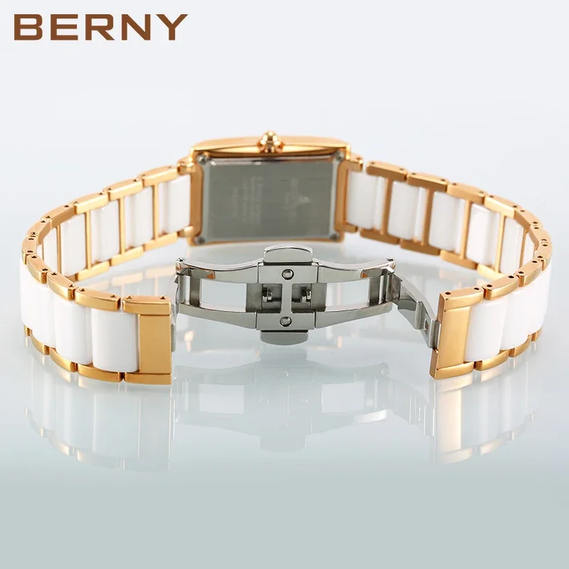 BERNY Women Quartz Watch Fashion Gold Female Clock Waterproof Relogio Feminino Birthday Gift Ceramic Bracelet Butterfly Buckle