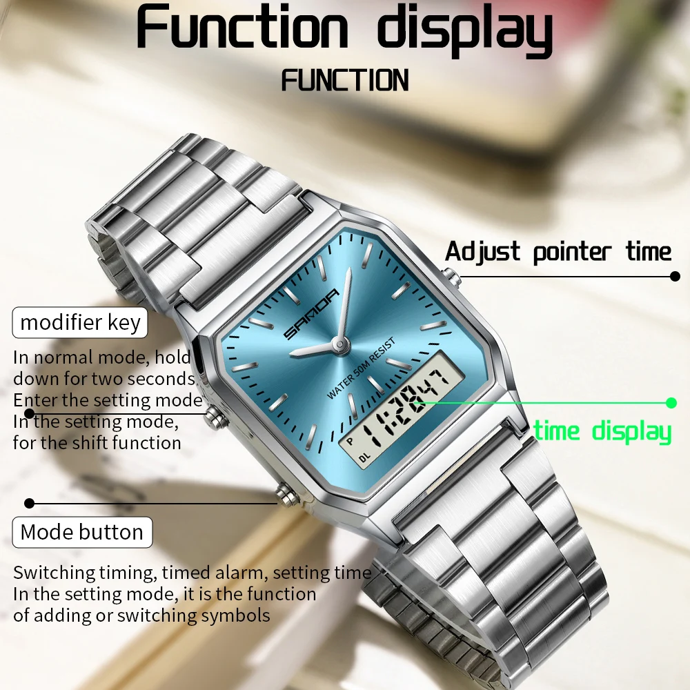 SANDA Men Watch Square Dial Stainless Steel Digital Wristwatch Neutral Wristwatch Waterproof Double Display Watches Date Clock