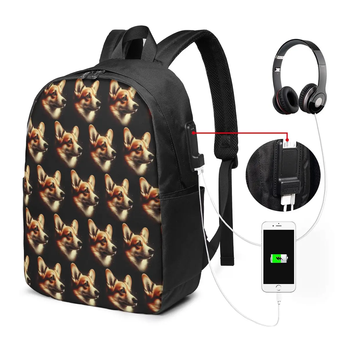Corgi Portrait In Dark Backpack Travel Notebook Bag Computer College Student School Bag Laptop Shoulder Bags for Men Women