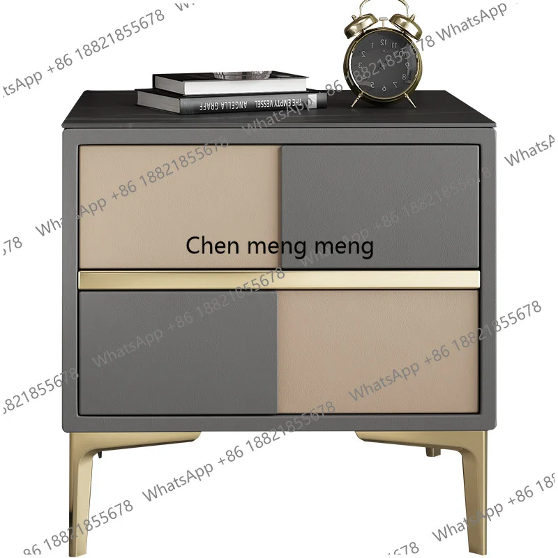 Simple solid wood rock slab bedside cabinet bedroom locker microfiber leather stainless steel titanium tripod