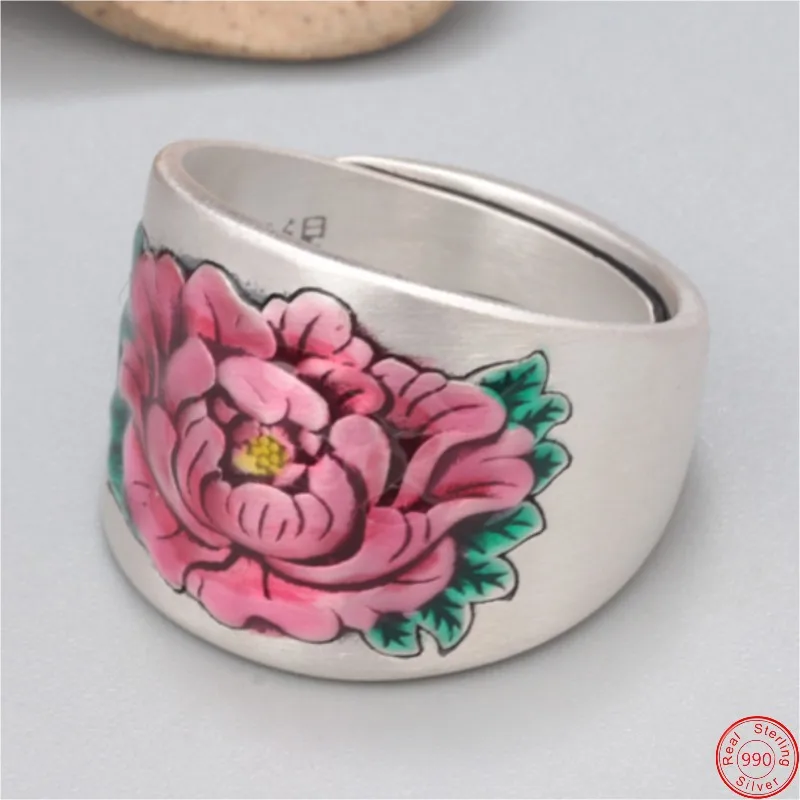 

S990 Sterling Silver Rings for Women Men New Women's Fashion Enamel Peony Adjustable Wide Pure Argentum Jewelry Wholesale