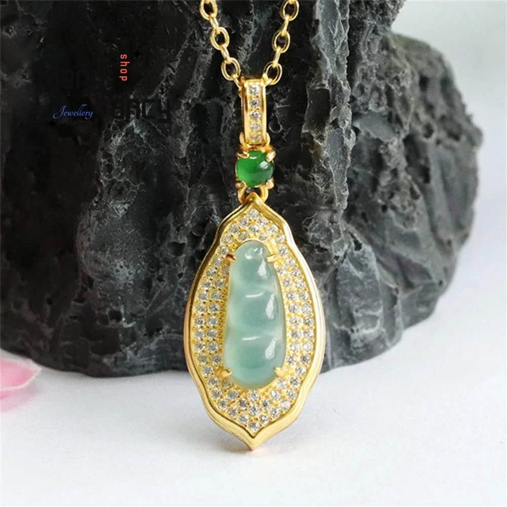 

S925 Silver Inlaid Natural Blue Water Jadeite Ice Four Season Bean Pendant Exquisite Elegant High-grade Luxury Fashion Jewelry