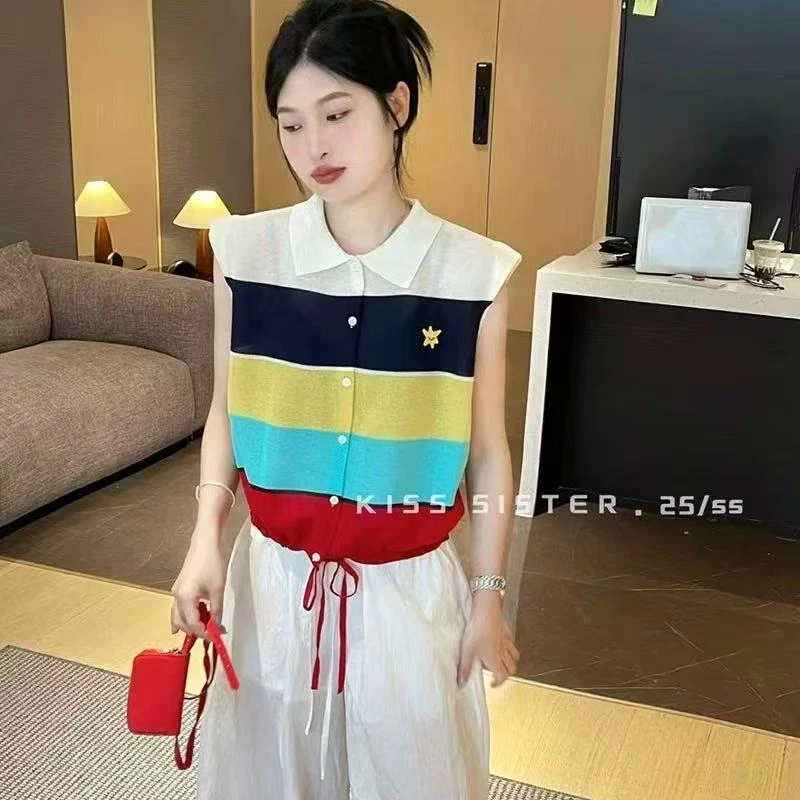 Dopamina colorido listrado camisola coletes feminino malha topos camisetas 2025 verão cordão elegante chique moda malhas camisetas