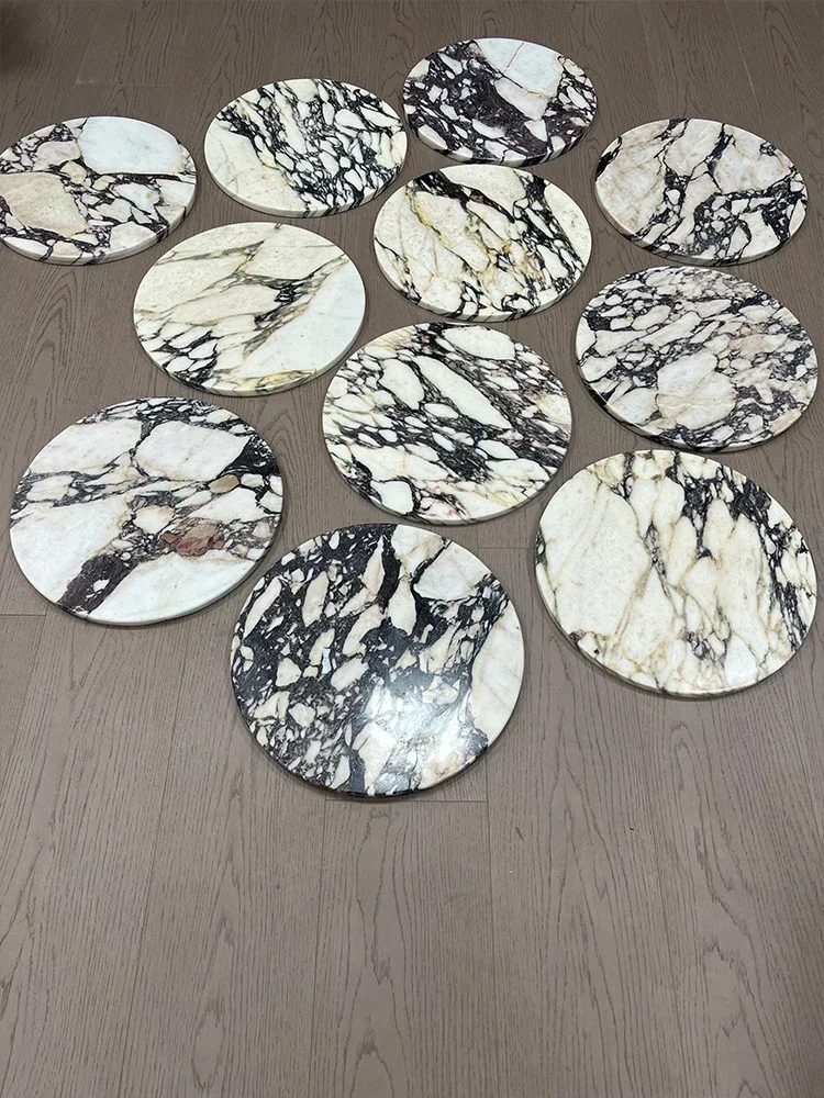 Customized Diameter40CM Italy Calacatta Viola Natural Marble Stone Round Disk Top Table Decorative Tray with Purple Veins Slab