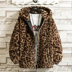 2024 Men's Leopard Print Handsome Imitation Mink Hooded Jacket Fleece-Lined Warm