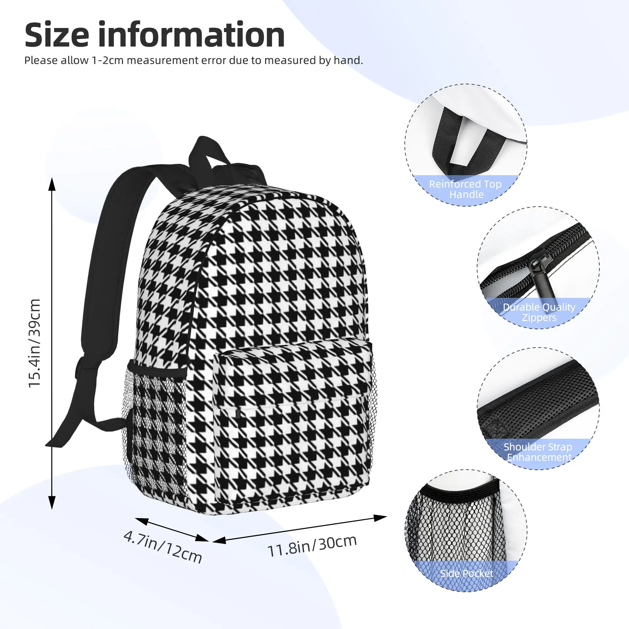 Houndstooth Black And White Pattern Backpack Hot Sale Daypack Boys Girls BookBag Shoulder Bags for Men Women School Bag