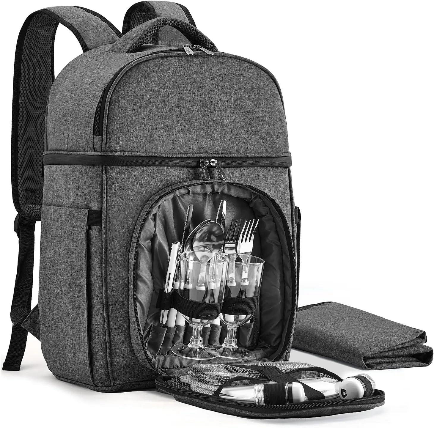 Picnic Backpack & Accessories - Picnic Set for 2 Person with 2 Insulated Cooler Compartment, Lightweight Blanket and Cutlery Set