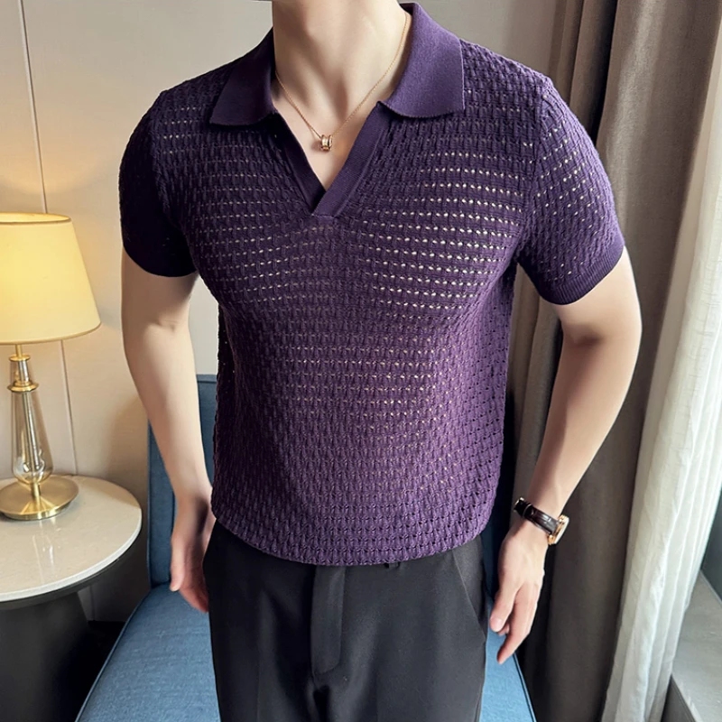

Hollow Knit Short Sleeved T-shirt V-neck Polo Shirt Men Summer Sexy Casual Lapel Tshirts Social Streetwear POLO Tee Tops 2024