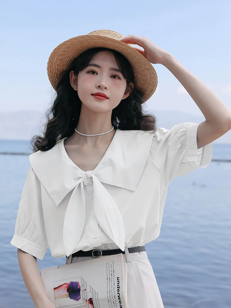 Zoki Sweet Bow Elegant Shirt Women Korean Loose Short Sleeve Blouse Casual Cute Peter Pan Collar Female Summer All Match Tops