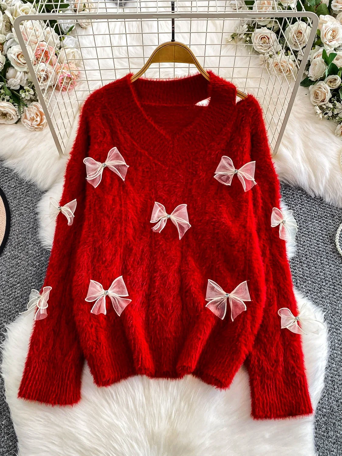 

Мягкий вязаный свитер с V-образным вырезом для женщин, с богатой отделкой и бантом, зимний, стройнящий, модный, нежный, длинный, тонкий топ