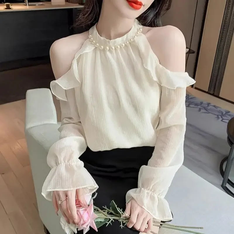 Bluzka damska z falbankami z francuskiego szyfonu, wiosenna, pikantna, z odkrytymi ramionami, typu halter, unikatowa.