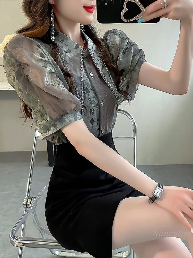 Pointed Collar Diamond-Embedded Blouse for Women 2024 New Summer Chic Chiffon Top Short Puff Sleeve Ink Painting Printed Shirt