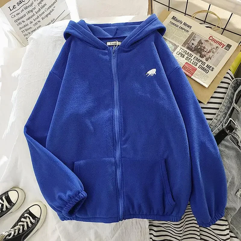Women's Polar Fleece Hoodie Tops Autumn Korean Winter Fashion Animal Embroidery Printing Loose Plush Zipper Sweatshirt 2021 New