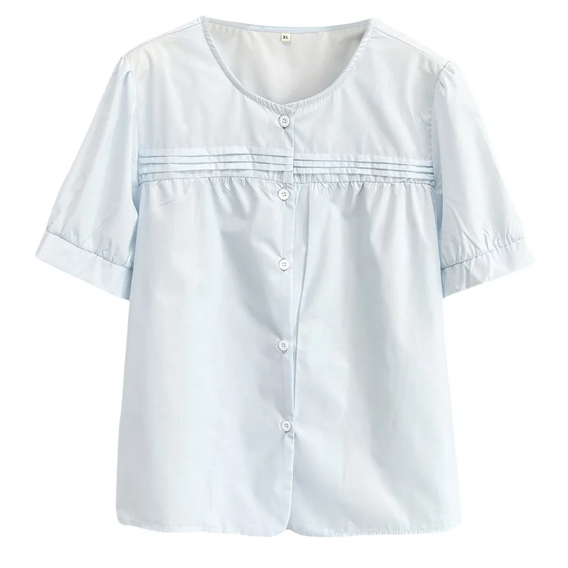 

Женская рубашка больших размеров 2025 года, летние простые блузки с короткими рукавами и складками на груди, 100 кг, 1034