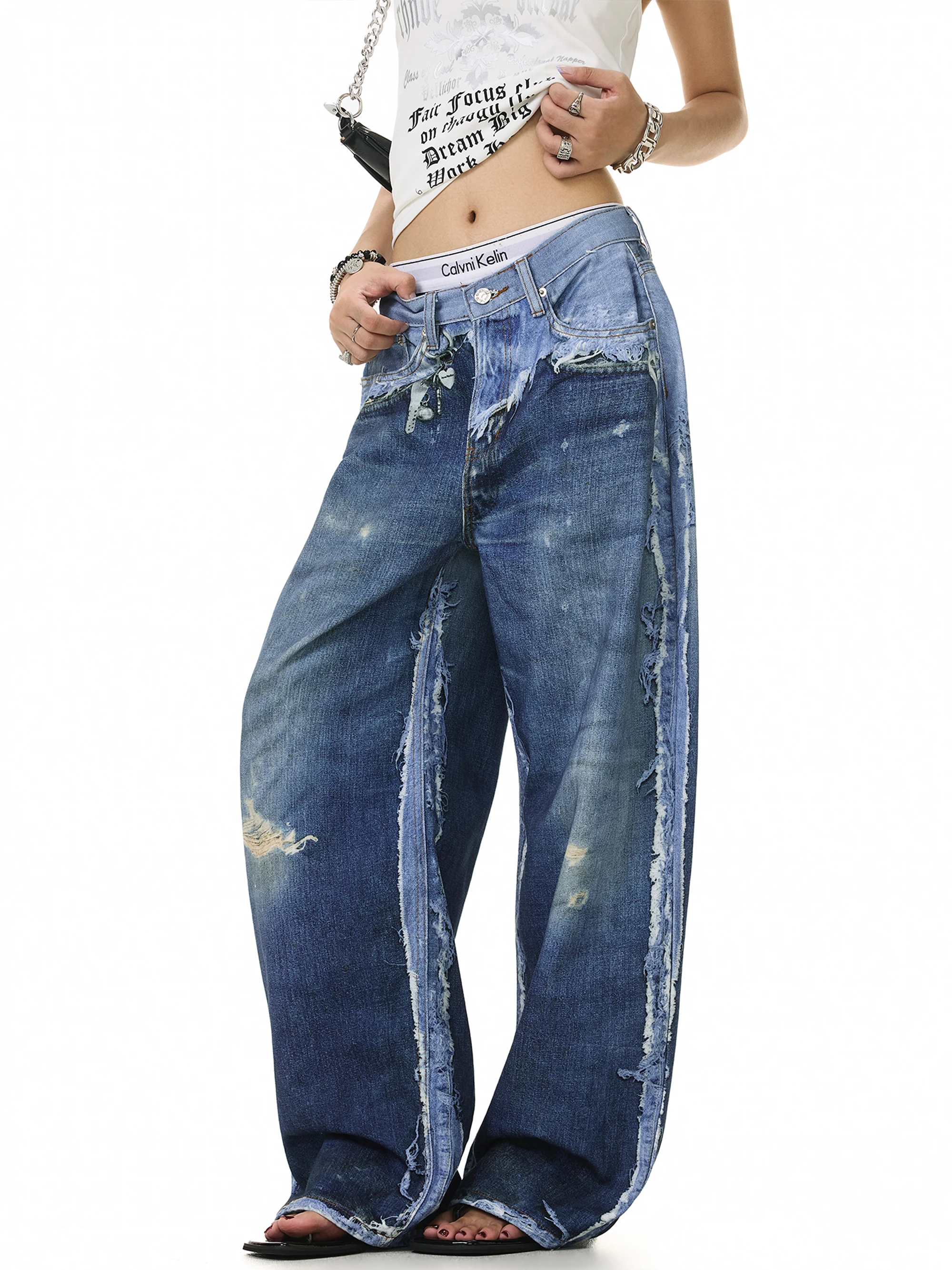Retro American High Street Vintage 3D Print Jeans Men's Casual Loose Wide Leg Long Pants Cotton Denim Worn Look
