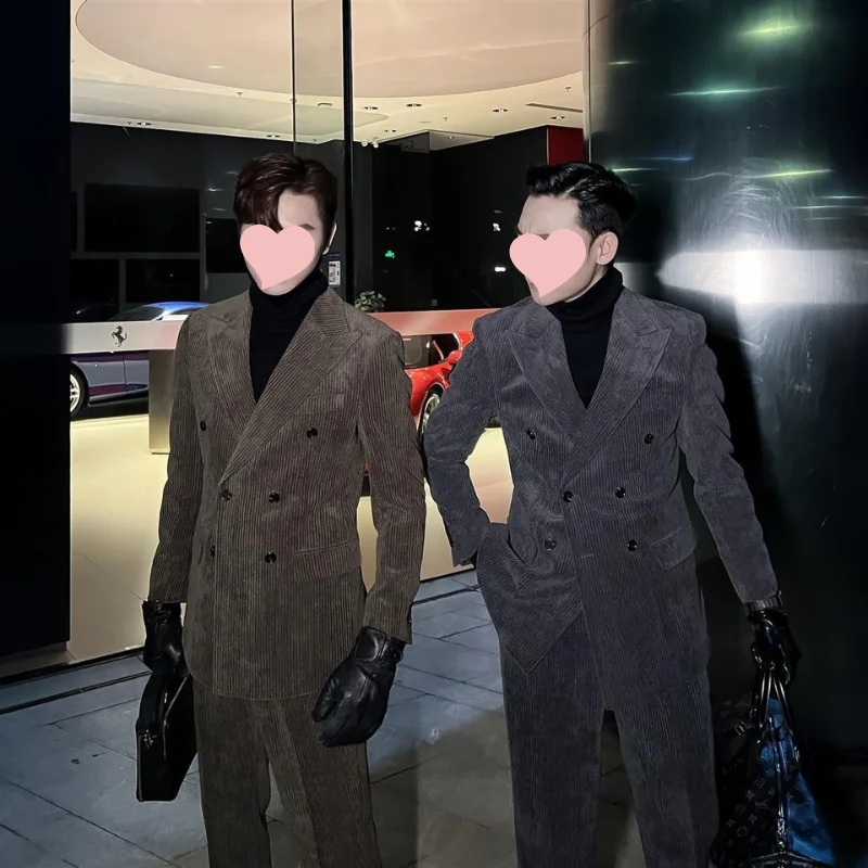 

Новый осенне-зимний мужской двубортный вельветовый костюм из 2 предметов для банкета, модный дизайн, мужская одежда