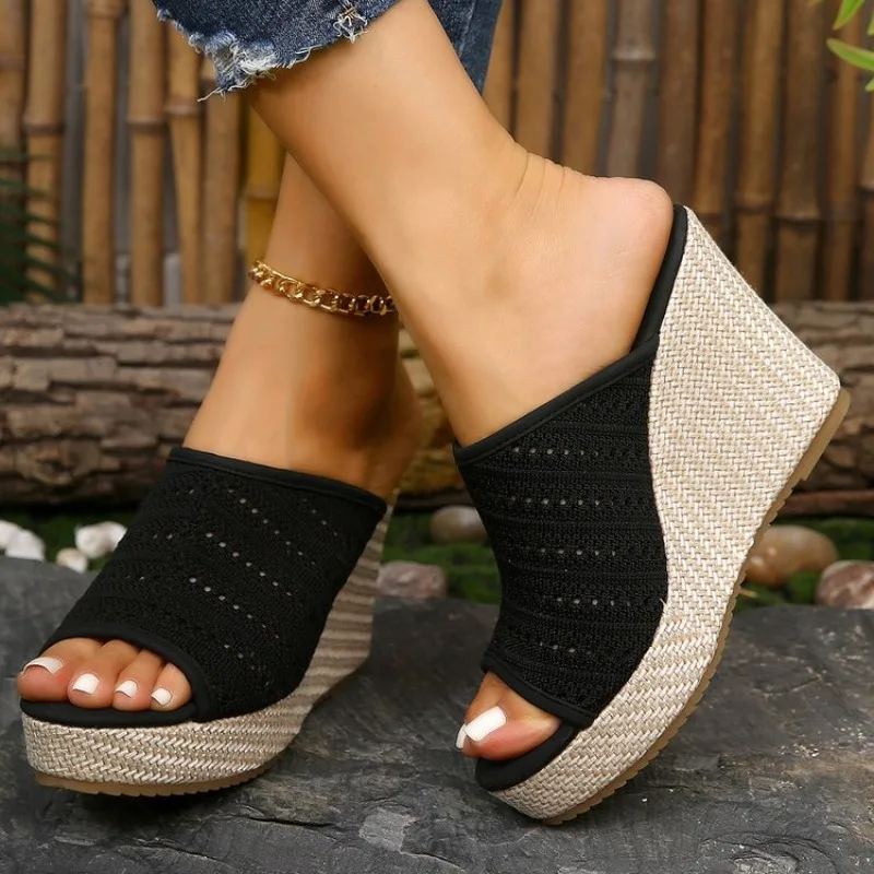 Womens Wedge Sandals Open Toe High Heel Platform Mules Knitted Look Slip on Backless Woven Texture Casual Summer Walking Shoes view 3