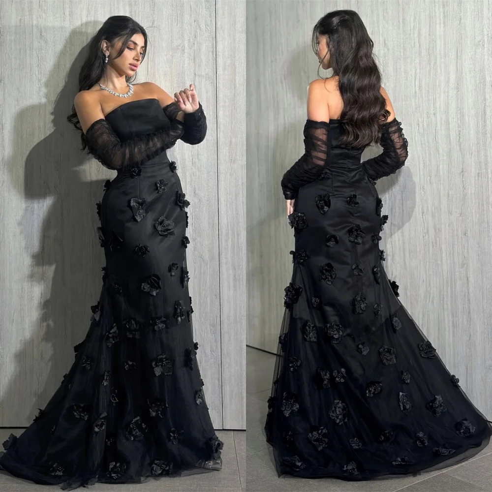 Personalizado requintado preto jérsei vestido de noite clássico sem alças manga destacável mangas compridas flores sob medida ocasiones