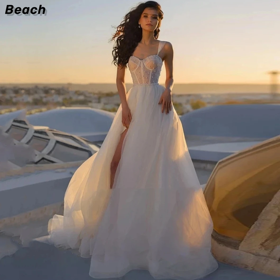 Vestidos de casamento a linha praia para mulheres, vestidos de noiva elegantes, fenda lateral, sem mangas, sexy, querida