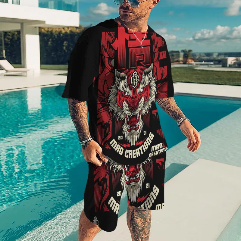 New Stylish Men's Beach Shorts Set 3D Print Hip Hop Trend Short Sleeve T-shirt+Shorts 2 Pcs Set Summer Oversized Tracksuit Suits