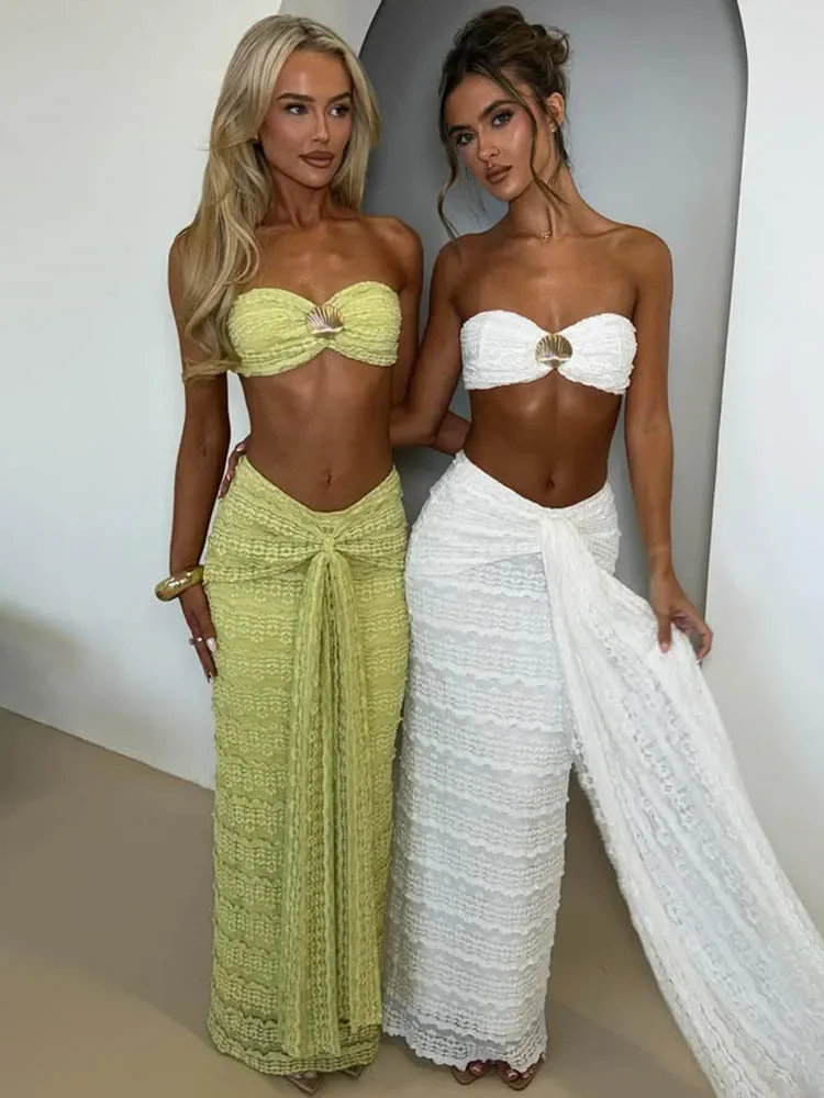

Metal Shell Sequins Skirt Two Piece Sets Women Fashion Strapless Crop Tops And Maxi Skirt Beach Club Party 2 Piece Set