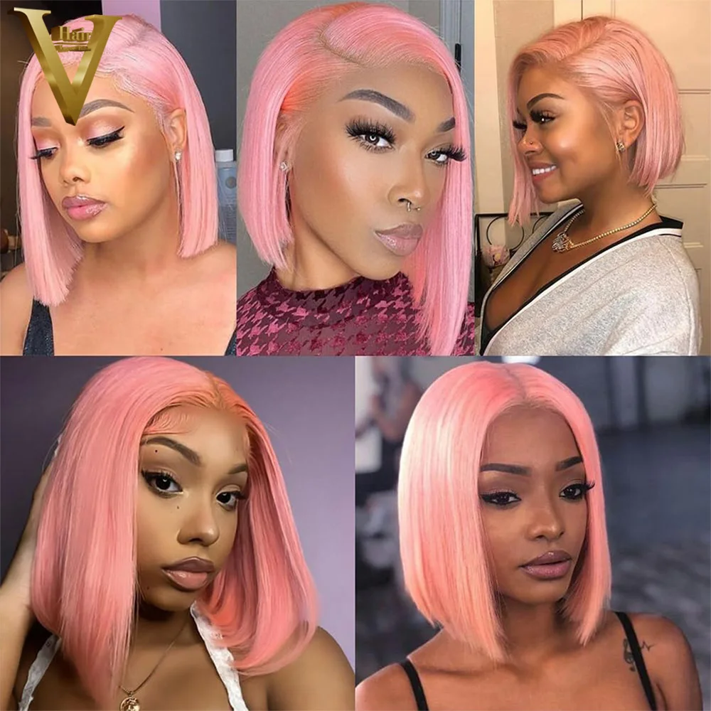 Pre Plucked Straight Short Bob Wigs Pink 13×4 Transparent Lace Frontal Wig For Black Women Brazilian Virgin Remy Human Hair Wig