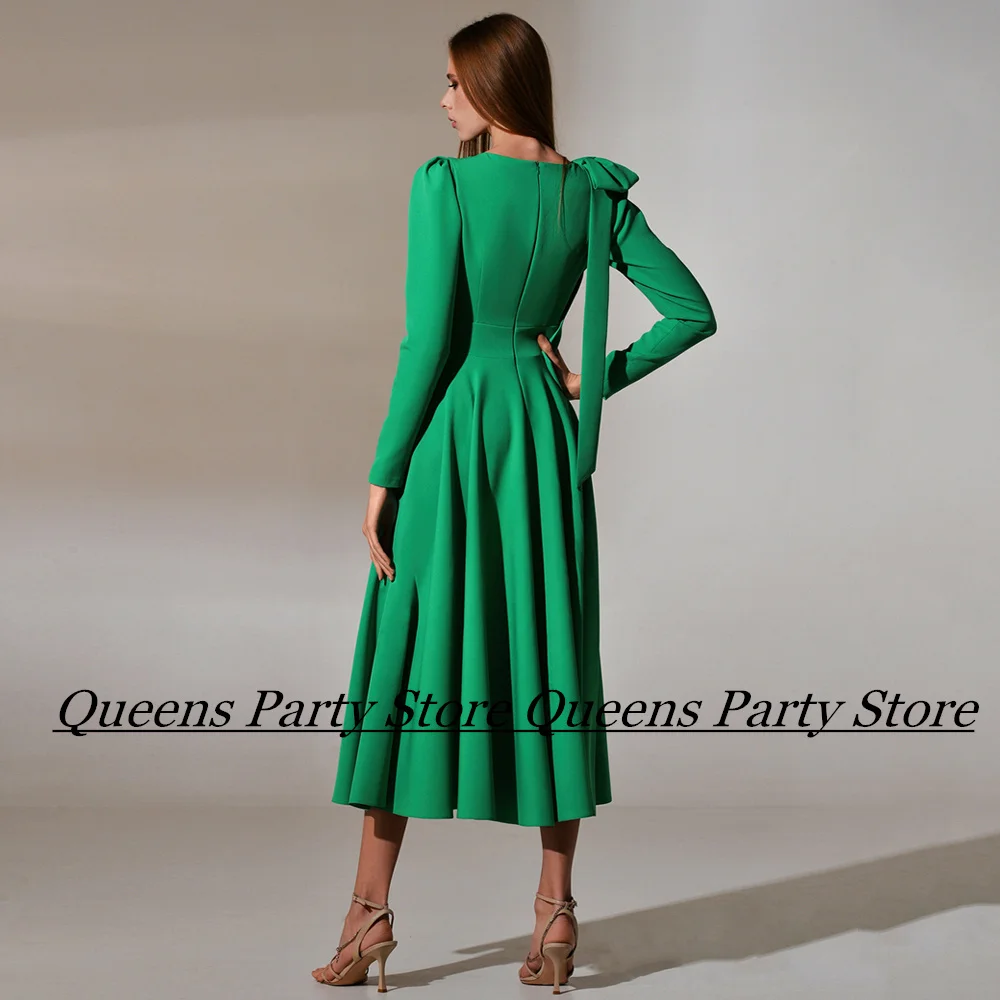 Tea Length Mother Of The Bride Dress Long Sleeves Round Neck Long Sleeves Bow A Line Wedding Guest Gown Cocktail Party Dresses