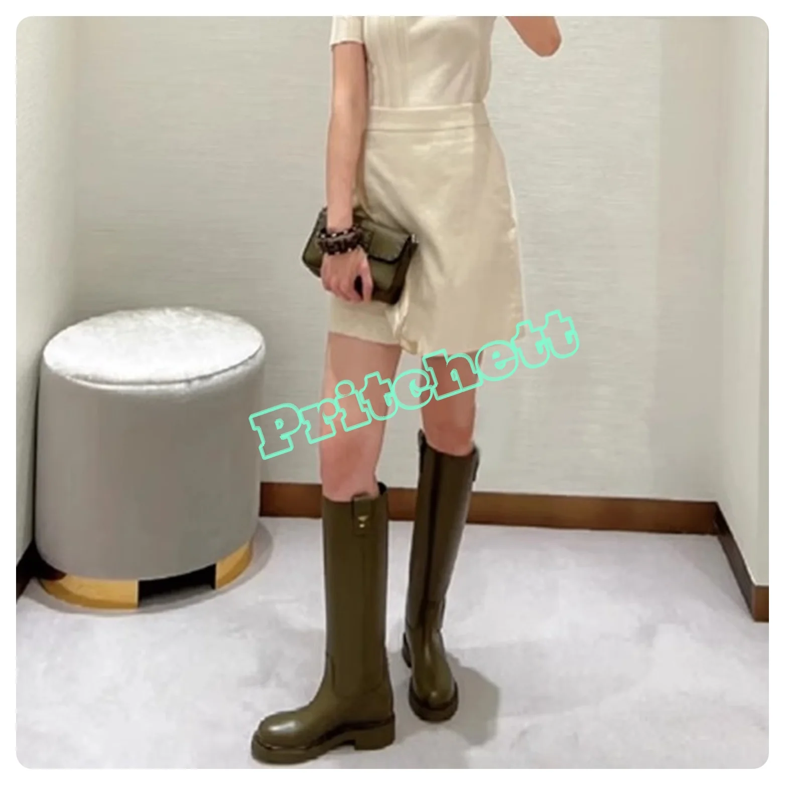 Round Toe Solid Leather Knee High Boots Flats Height Increasing Platform Shoes Pull on Women Luxury Boots 2024 New Arrivals