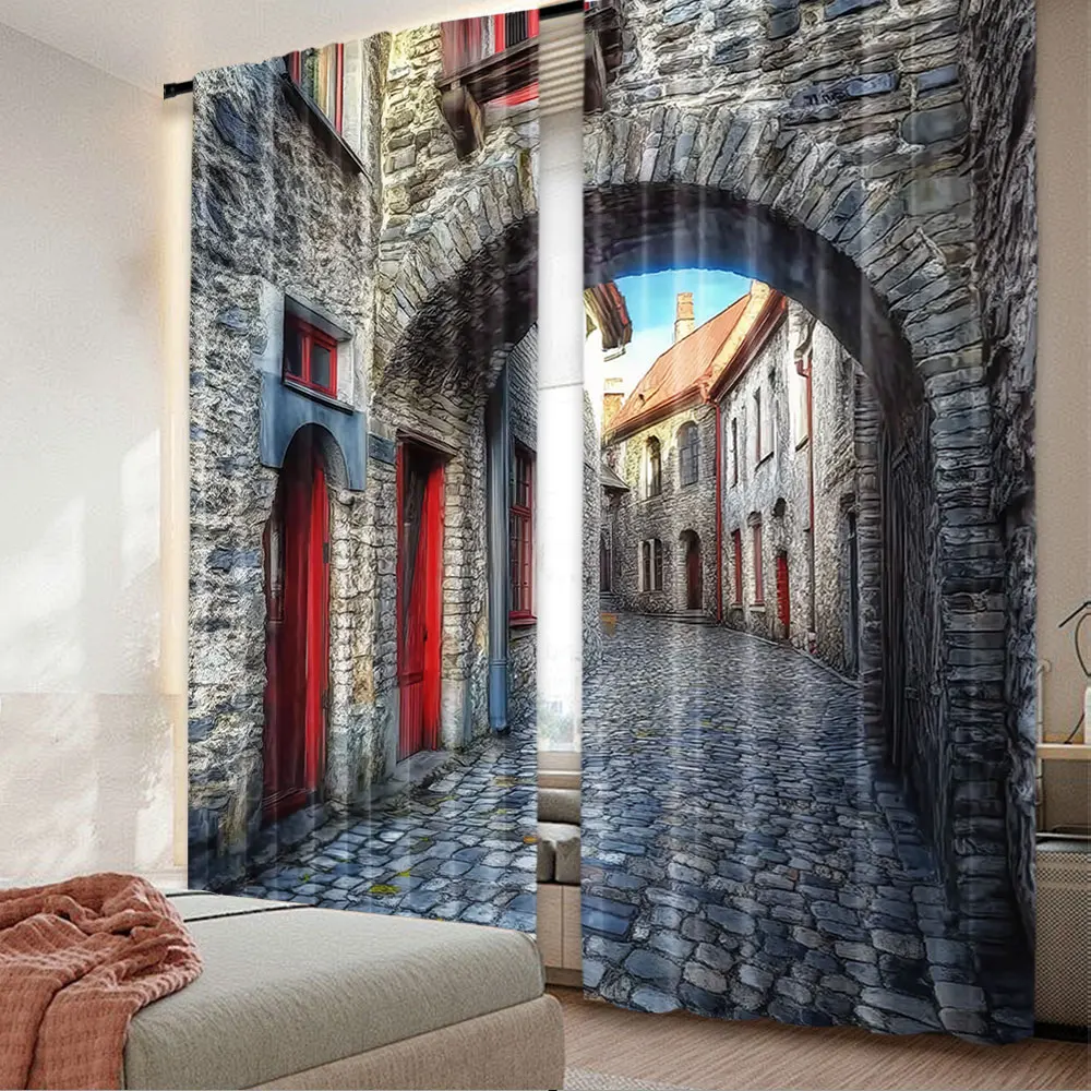 2Pcs Medieval Curtain Old Stone Street Passage Estonia Middle Ages Town Heritage Art Suitable For Bedroom Bathroom Dining Room