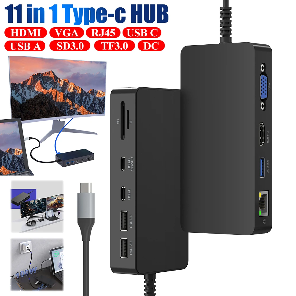 11 in 1 For Microsoft Surface Dock Triple Display 4K HDMI-Compatible +VGA Type C Hub 100Mb/s LAN for Surface Pro 11/10/9/8/X/7