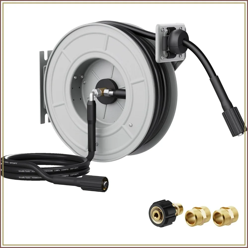 

65ft Retractable Pressure Washer Hose Reel, Heavy Duty, Wall/Floor Mount, 2600 PSI