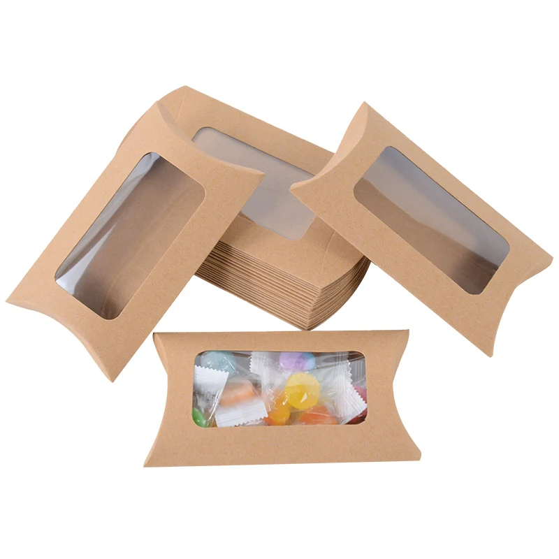 

20/10pcs Wedding Favor Candy Box With Clear Window Pillow Shape Kraft Paper Chocolate Box For Birthday Gift Jewelry Packing Bags