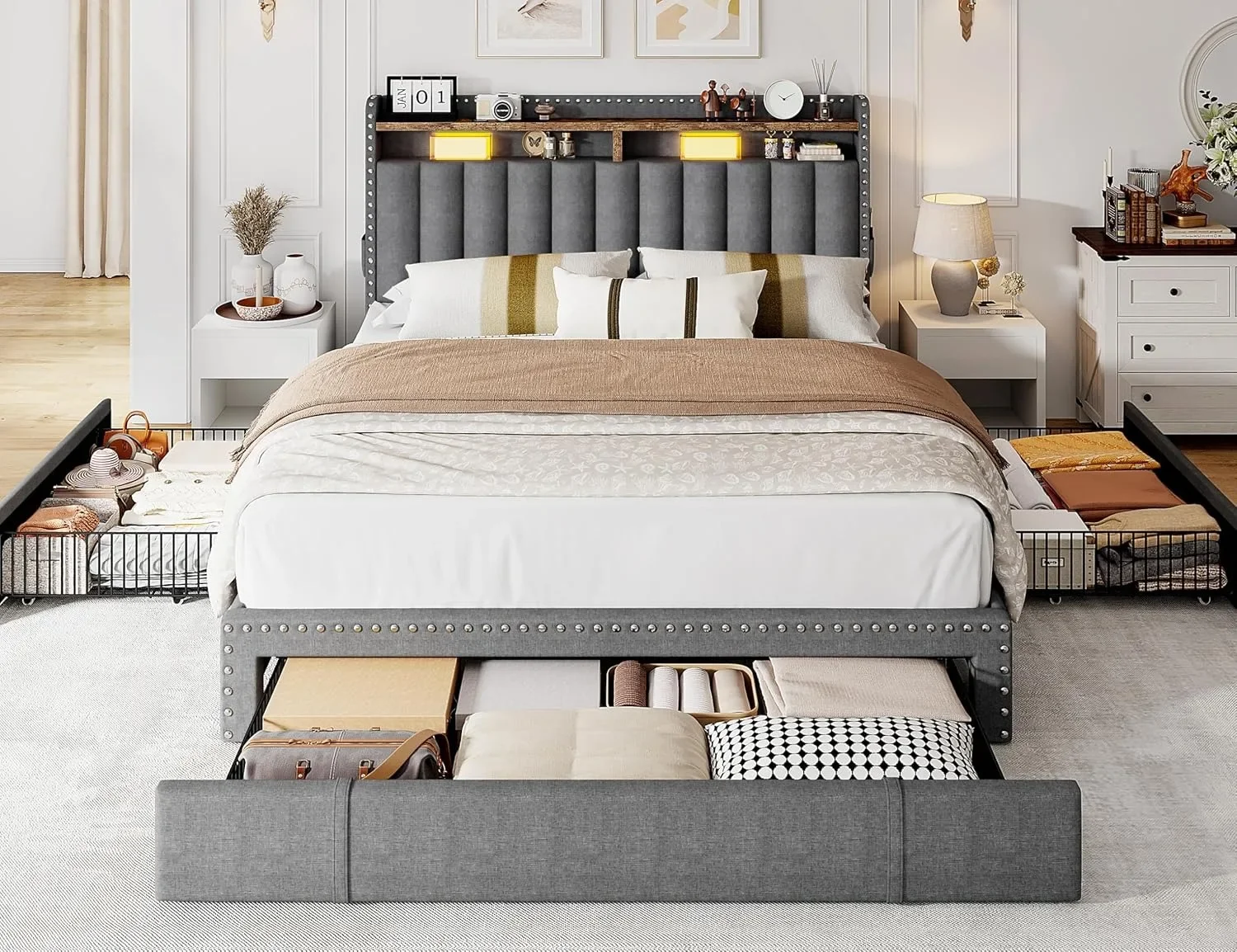 Bed Frame Queen size 2-Tier Storage Headboard,Upholstered Platform Bed Frame Queen Size with 3 Drawers,with Storage