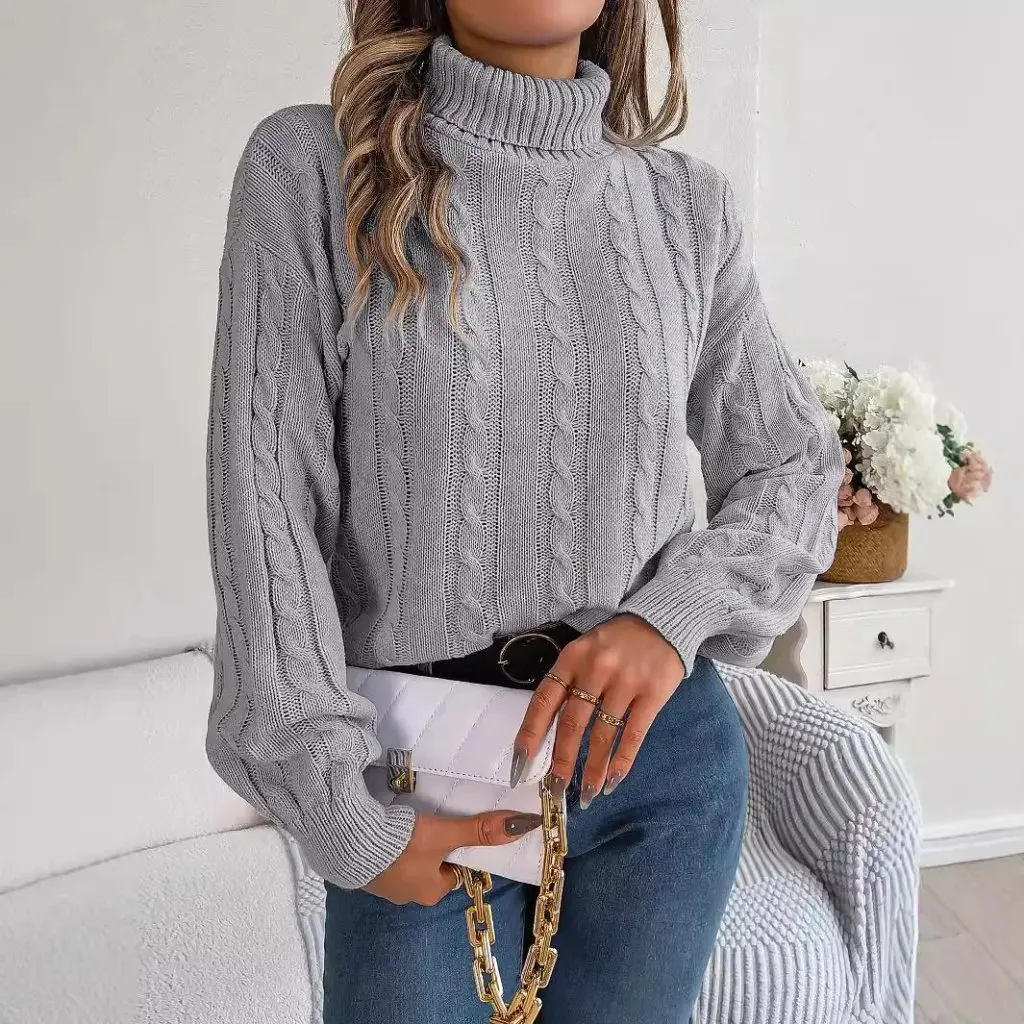 

Women's Casual Solid Color Turtleneck Sweater Long Sleeve Twist Design Autumn Winter Independent Station European American Style