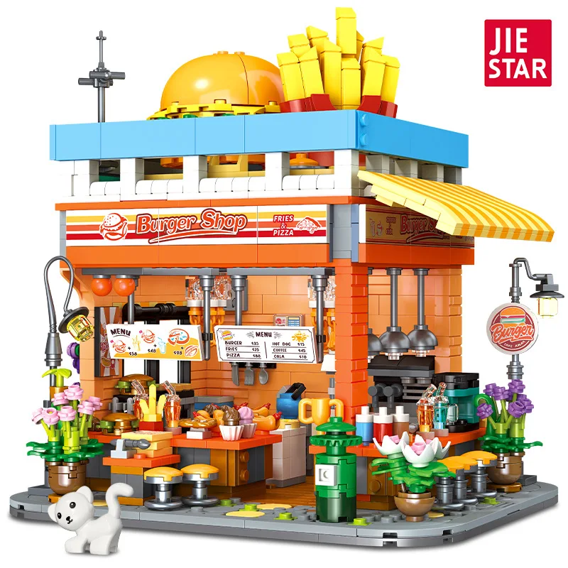 Bloques de construcción de tienda de hamburguesas creativas Street View, conjunto de montaje Modular MOC, modelo de decoración de escritorio, juguetes creativos, regalos para niños