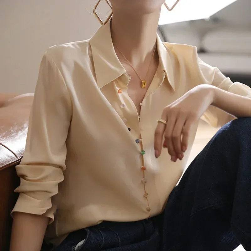 2023 Satin Silk Women Colorful Button Up Shirt Elegant Spring New Casual Ladies White Shirt Tops Chic Vintage Women Blouse 18834