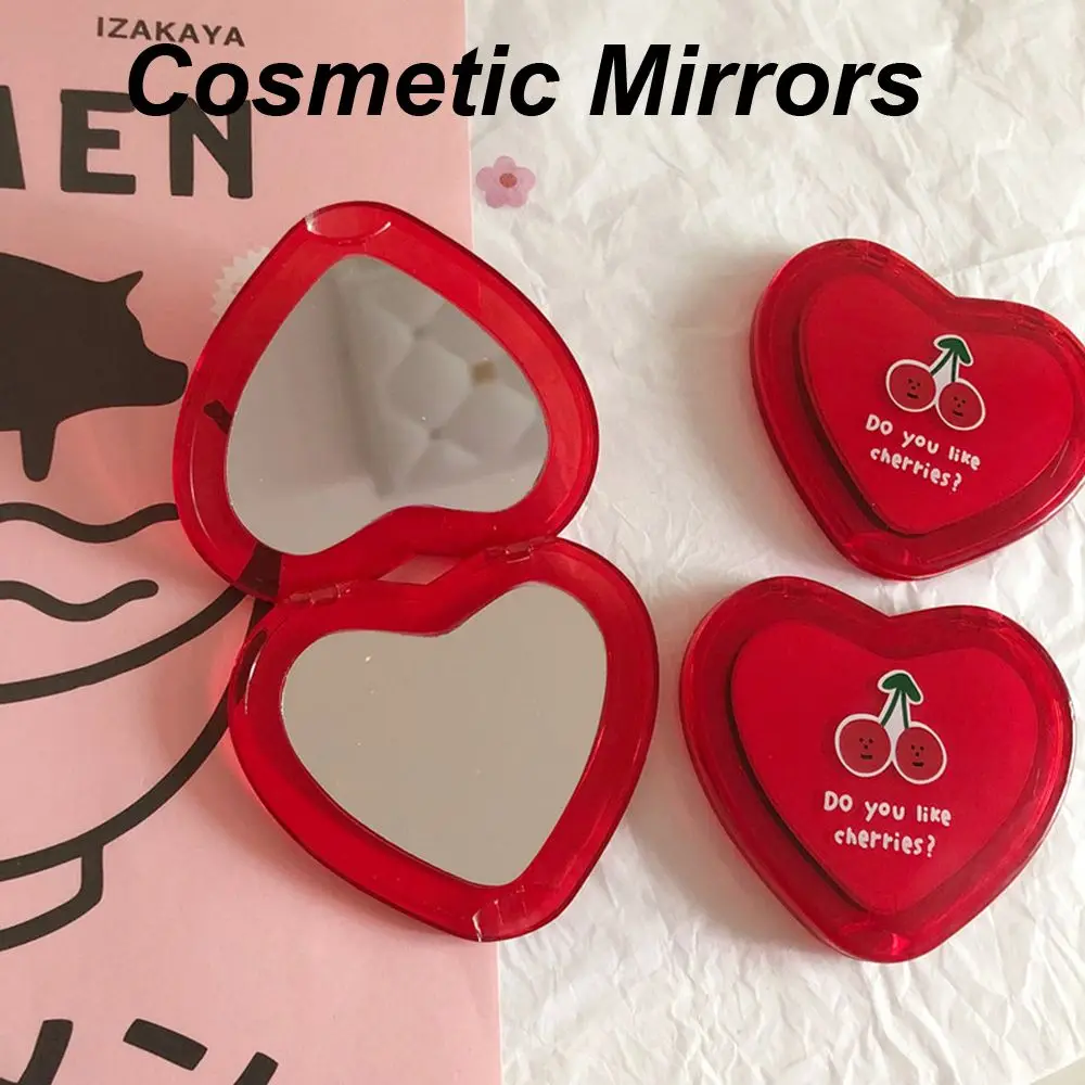 Folding Compact Heart Shaped Women Gifts Double-sided Cherry Pattern Cosmetic Mirrors Makeup Mirrors Pocket Mirrors Mirrors