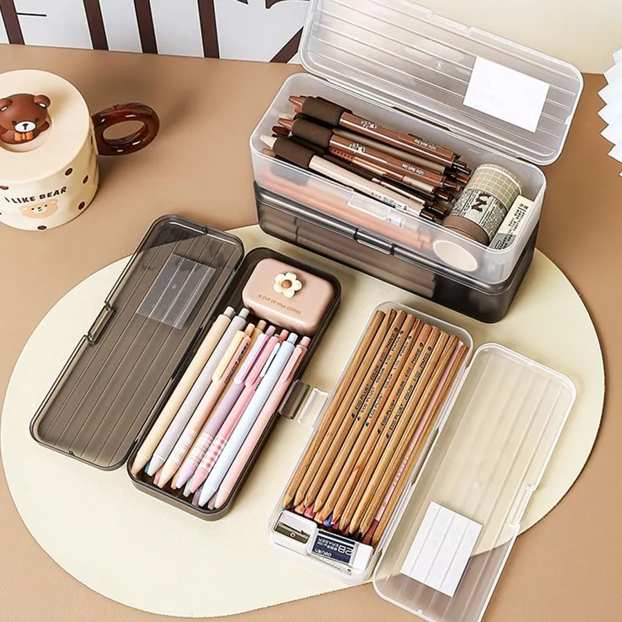 Large Capacity Transparent Stationery Box, Multi-purpose Storage Case for Pens, Pencils, Markers, Crayons & Paintbrushes for Off